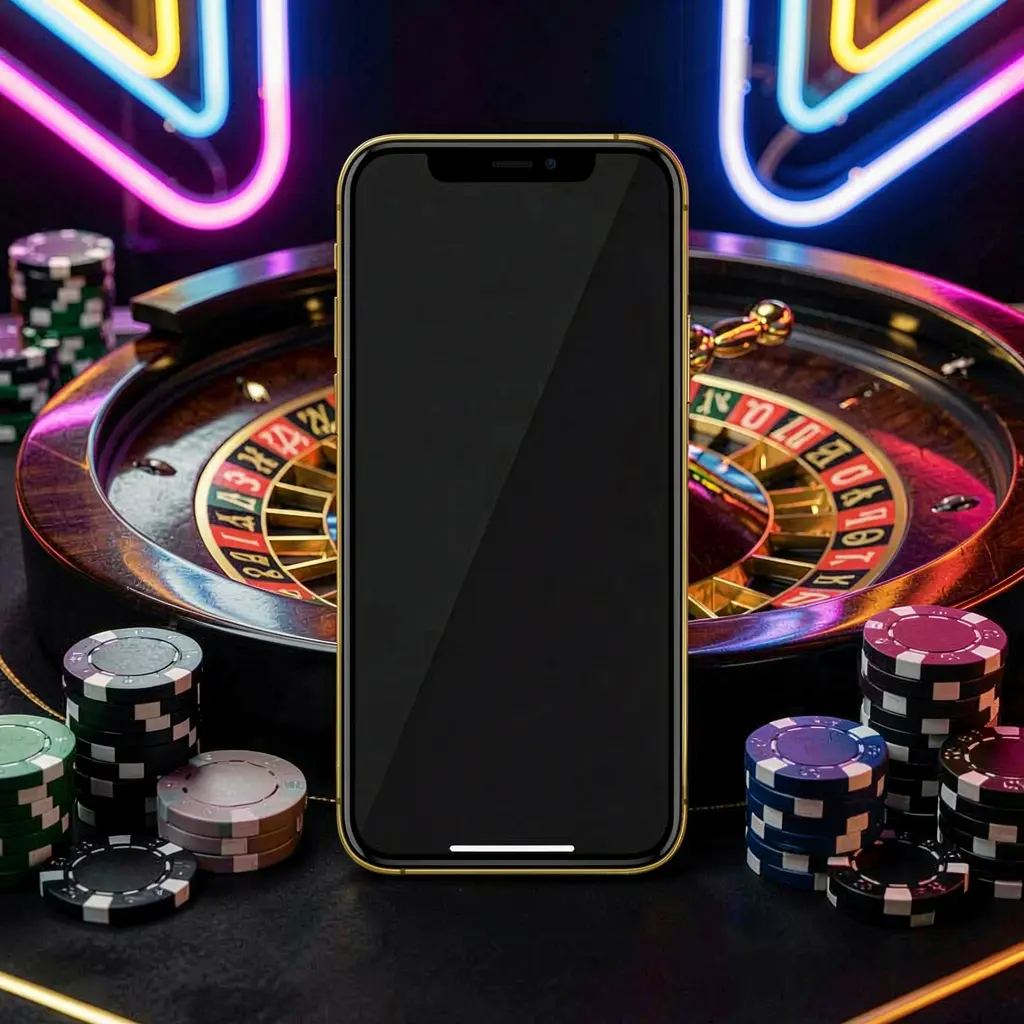 Mobile casino application scene featuring a phone in the center with a roulette wheel and poker chips in the background, illuminated by glowing neon lights in a premium black and gold style, showcasing the TKBD777 brand Mobile casino application scene featuring a phone in the center with a roulette wheel and poker chips in the background, illuminated by glowing neon lights in a premium black and gold style, showcasing the TKBD777 brand
