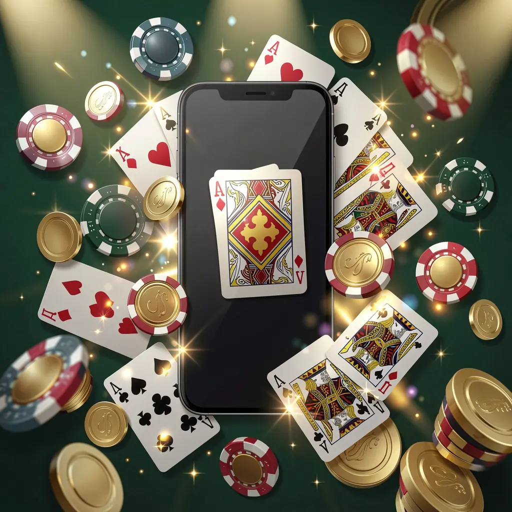 TKBD777 mobile gaming application concept showing a smartphone surrounded by playing cards, roulette chips, gold coins, and sparkling lights in a premium casino style TKBD777 mobile gaming application concept showing a smartphone surrounded by playing cards, roulette chips, gold coins, and sparkling lights in a premium casino style