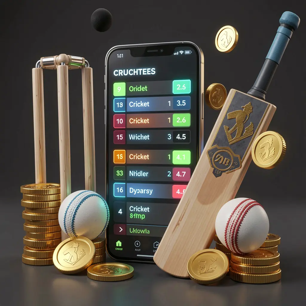 Modern cricket betting scene featuring a smartphone displaying glowing cricket odds interface surrounded by a cricket bat, ball, wickets, and golden coins, showcasing TKBD777's premium 3D betting experience Modern cricket betting scene featuring a smartphone displaying glowing cricket odds interface surrounded by a cricket bat, ball, wickets, and golden coins, showcasing TKBD777's premium 3D betting experience