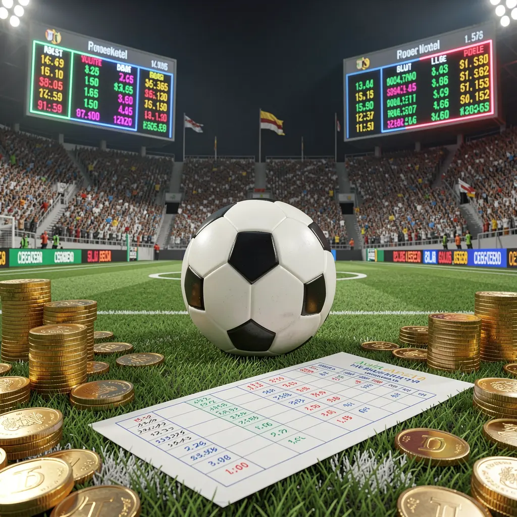 TKBD777 premium sports betting scene featuring a realistic 3D football field with a stadium crowd, a soccer ball, golden coins, betting slip elements, and neon odds panels TKBD777 premium sports betting scene featuring a realistic 3D football field with a stadium crowd, a soccer ball, golden coins, betting slip elements, and neon odds panels