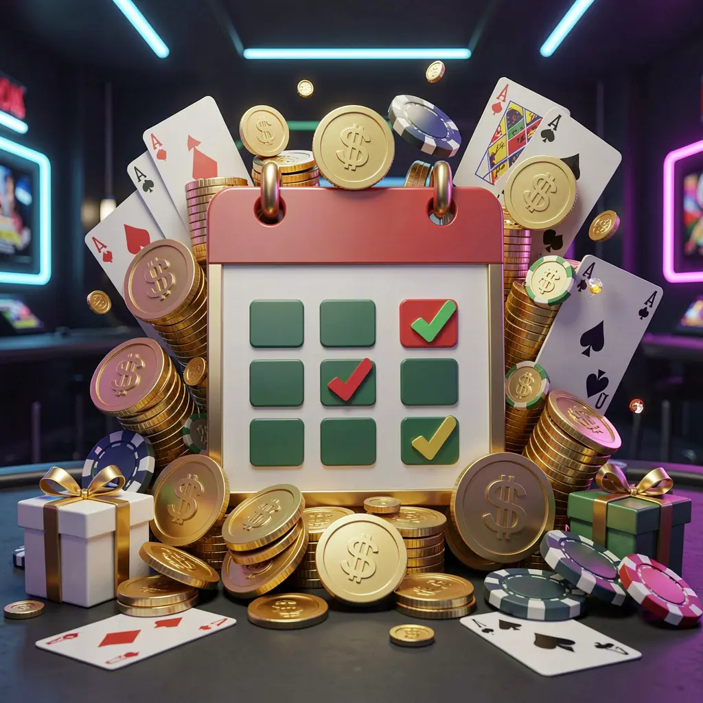 TKBD777 weekly online casino bonus concept featuring a calendar icon surrounded by golden coins, gift boxes, poker chips, and playing cards in a festive casino atmosphere with dark modern background and neon lights