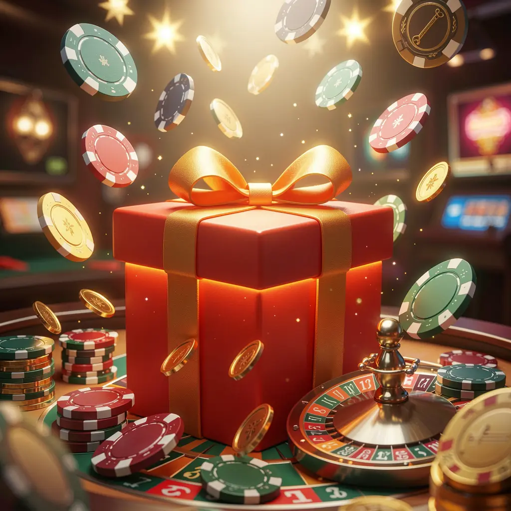 TKBD777 welcome bonus visual featuring a glowing gift box, roulette wheel, poker chips, and flying coins in a festive casino atmosphere with cinematic lighting and high detail