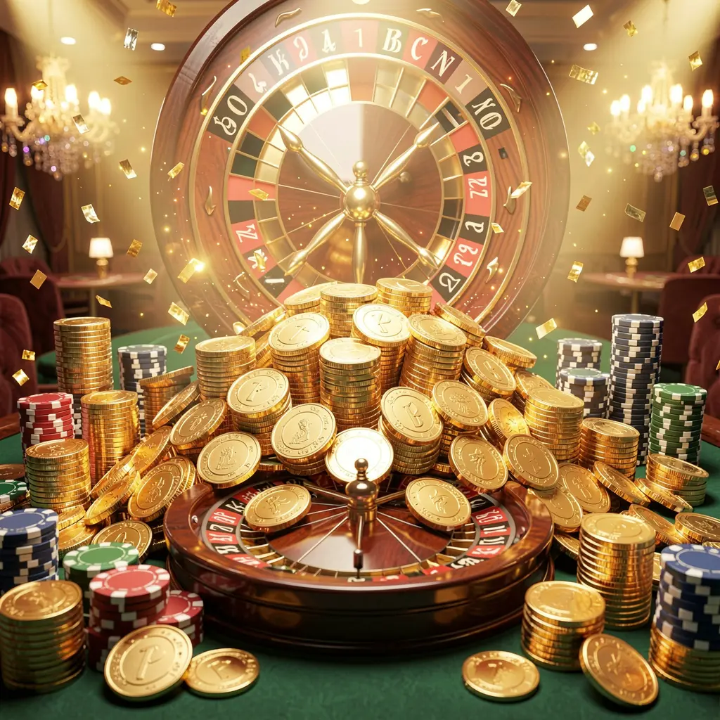 TKBD777 casino jackpot scene featuring golden coins, poker chips, and a roulette wheel with bright glowing lights in a luxury celebration atmosphere