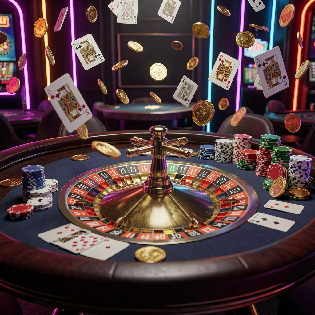 Elegant TKBD777 casino roulette table with chips, cards, and golden coins flying in the air under dramatic neon lighting in a high detail 3D render