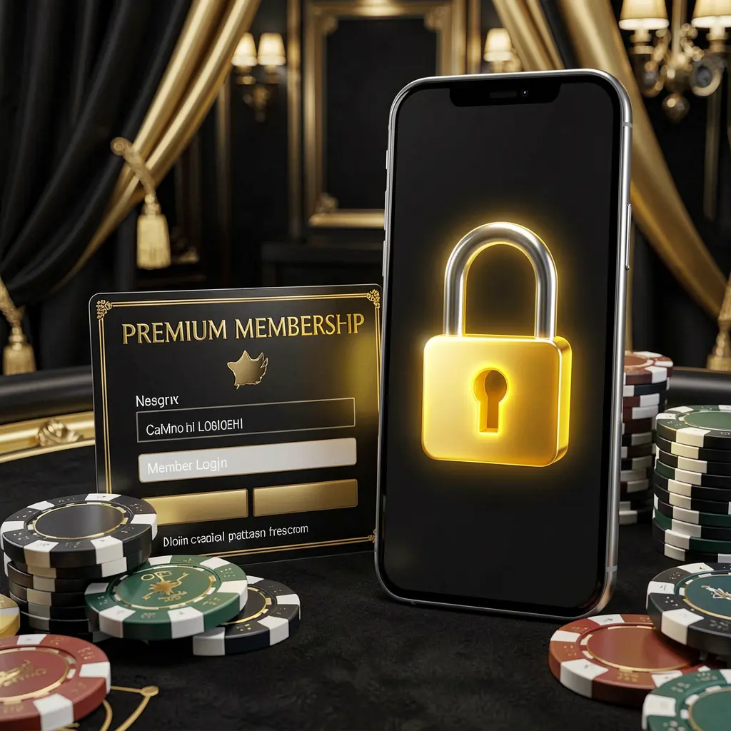 TKBD777 casino member login concept featuring a premium membership card next to a smartphone with a glowing lock symbol, surrounded by poker chips and coins on a black and gold luxury background in a realistic 3D illustration TKBD777 casino member login concept featuring a premium membership card next to a smartphone with a glowing lock symbol, surrounded by poker chips and coins on a black and gold luxury background in a realistic 3D illustration