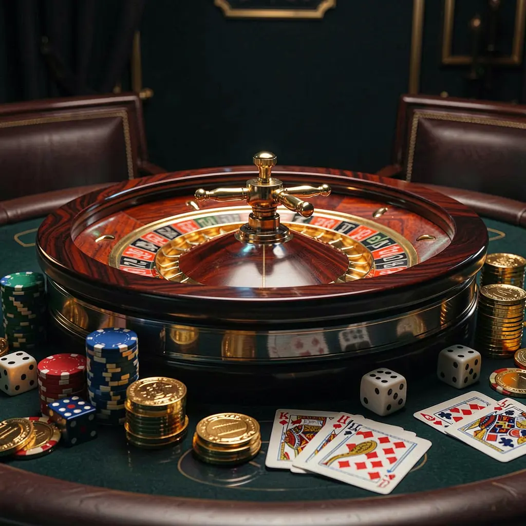 TKBD777 premium casino homepage scene featuring a roulette wheel spinning on a glossy table surrounded by poker chips, dice, cards, and golden coins with an elegant dark background and cinematic lighting TKBD777 premium casino homepage scene featuring a roulette wheel spinning on a glossy table surrounded by poker chips, dice, cards, and golden coins with an elegant dark background and cinematic lighting